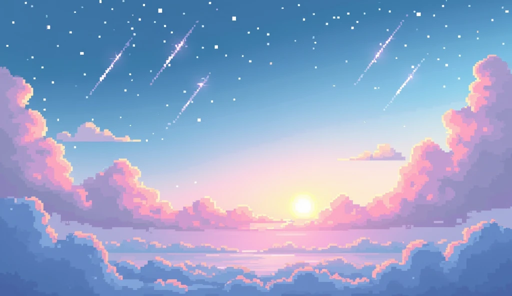 Aesthetic background,vinrant and calm colours, pixelated image,sky with a little slouds and shooting stars,soft lighting 
Change the image
A liitle less clouds and no sun