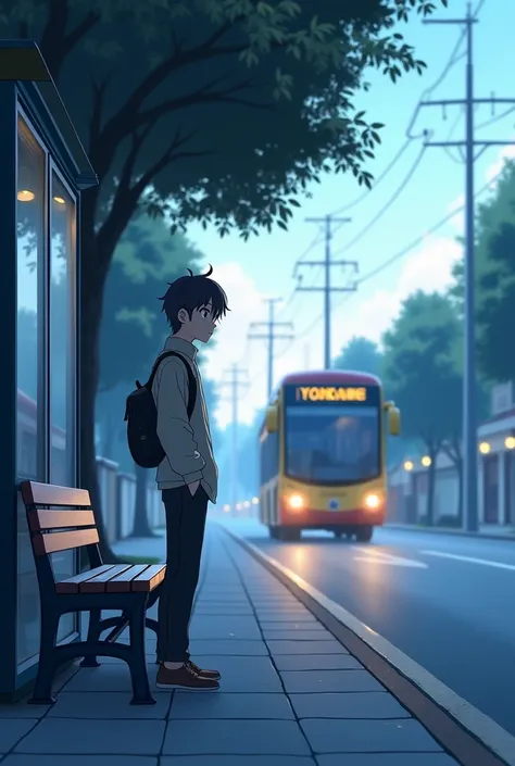 Create an anime image of someone waiting for a bus.