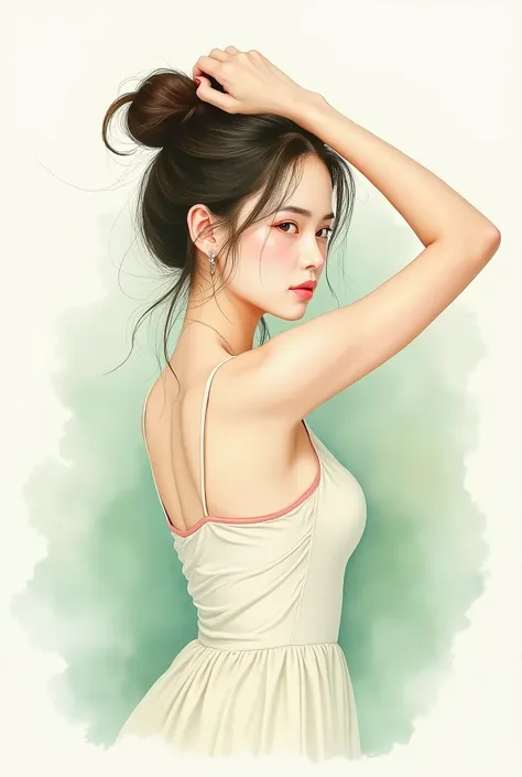 drawing, woman, cute, Hair tied up, Grab your hair, watercolor, Pastel green and white tones, pastel colors, Minimalism, สไตล์Minimalism, Portrait, Body image, Focus on the model, Half body type