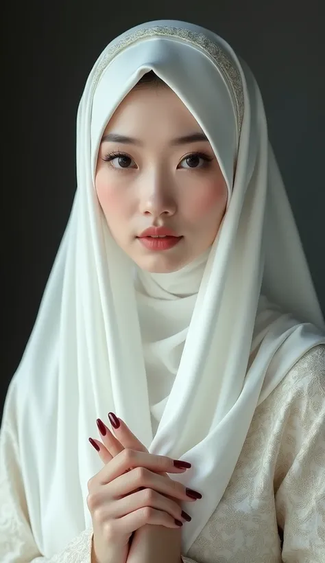 (photorealism:1.2), beautiful Chinese Moslem, very beautiful Chinese Moslem female, long white hijab and long pattern abaya, very detailed fingers, beauty maroon nails, high resolution, 8k, HDR 