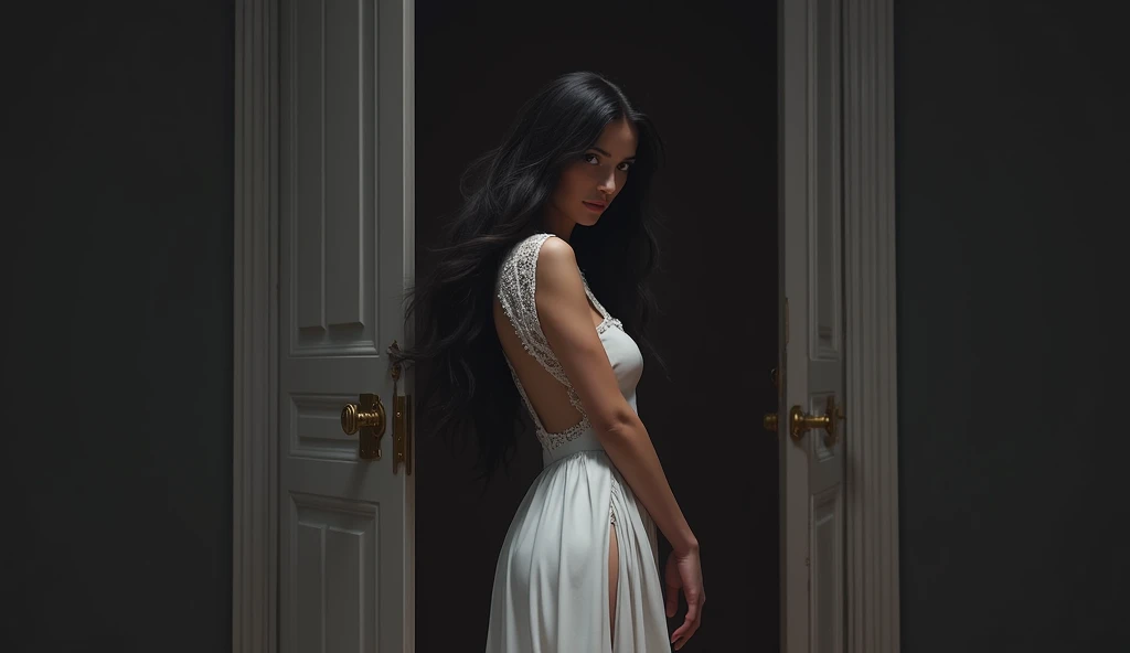 A woman with long black hair turns her head over her shoulder. She is wearing a long white nightgown, standing in front of a white door, inside a very dark room