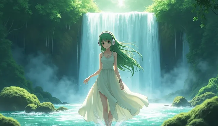 Anime lady with olive green tube, white skirt, wearing earphones, walking under waterfalls