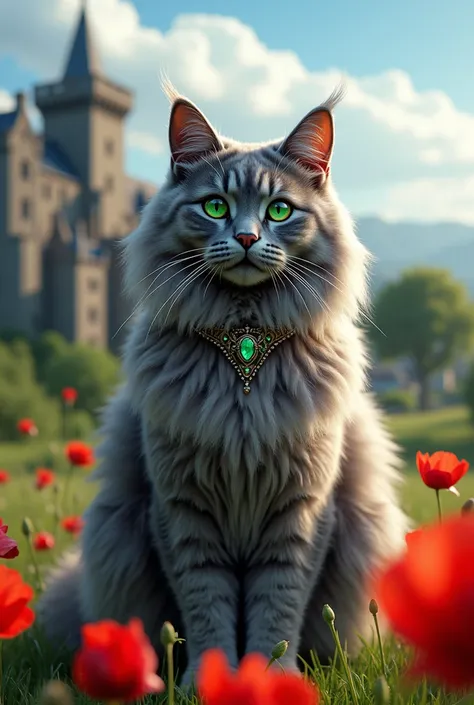 chat Mainecoon silver grey de grande taille avec des poils soyeux longs et des yeux verts émeraude qui porte un collier royale avec des pierres émeraudes devant un château Écossais sur domaine verdoyant avec des Coquelicots rouges avec en fond un ciel bleu...