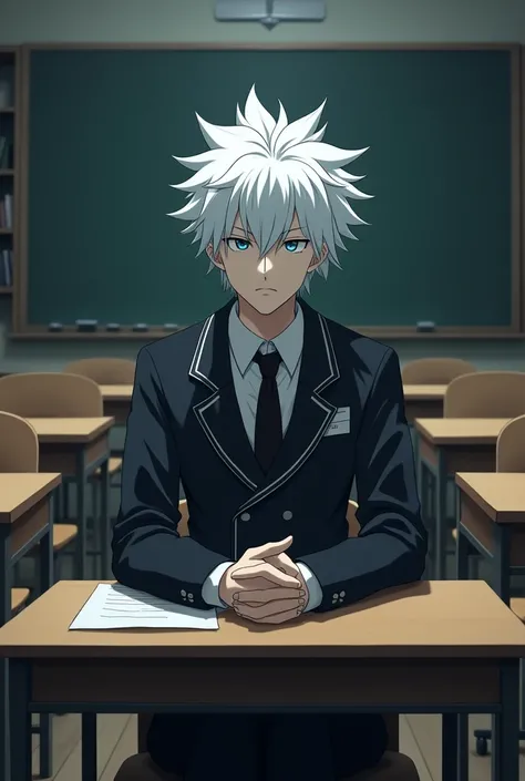 A cold white-haired anime guy sitting in a classroom