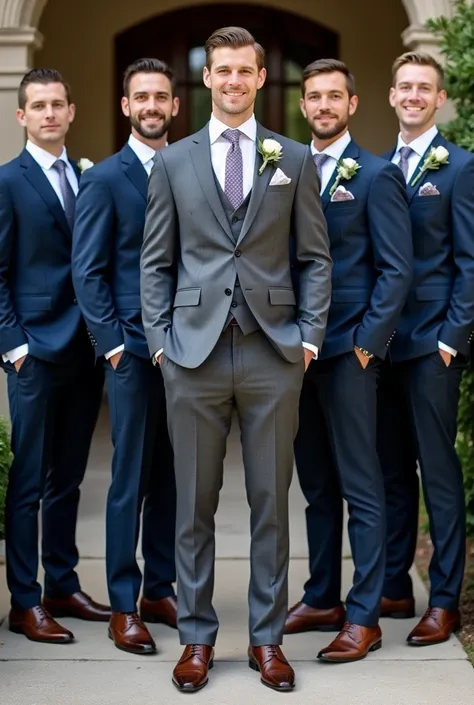 Generate a photo of a groom in a gray suit and brown shoes, with 6 groomsmen in navy blue suits