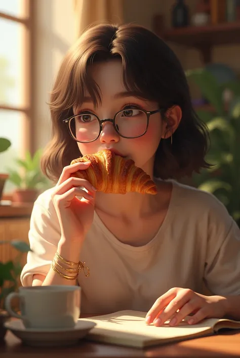 A girl with glasses and brown layered hair is sitting eating a croissant