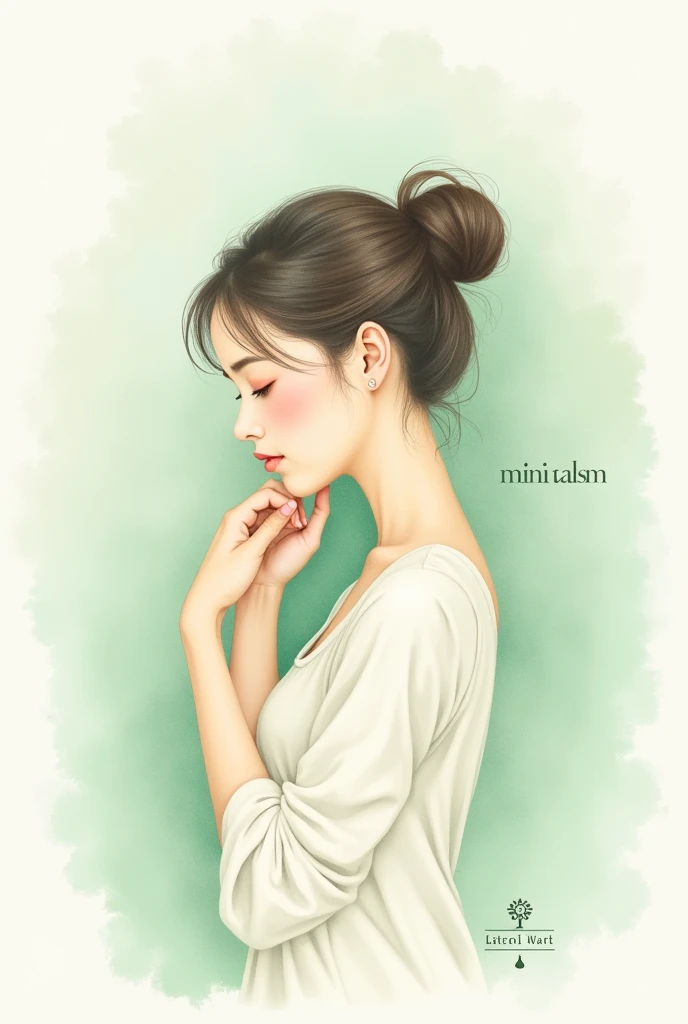 drawing, woman, cute, Hair tied up, Grab your hair, watercolor, Pastel green and white tones, pastel colors, Minimalism, สไตล์Minimalism, Portrait, Body image, Focus on the model, Half body type, Text in the image,sign Sarin Space in image,sign