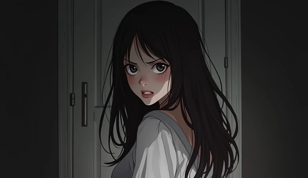 A woman with long black hair turns her head over her shoulder. She is wearing a long white nightgown, standing in front of a white door, inside a very dark room. The scene is intense that see realize she is not alone, scared expression, horror movie