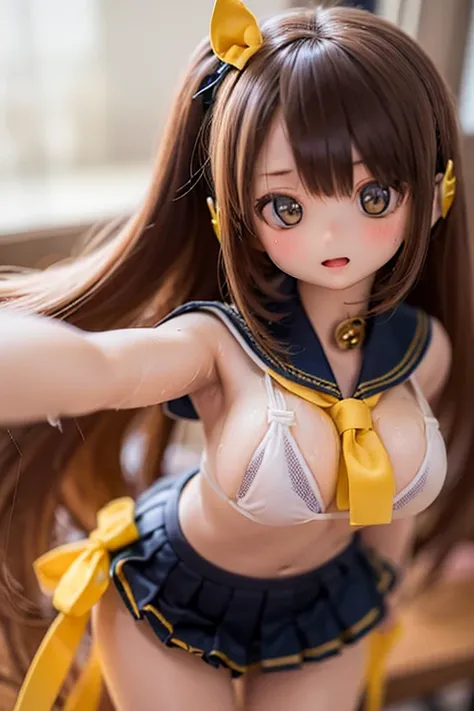 There are beautiful detailed girl with deep blown eyes, she has a  long blown  hair, exquisite facial features, extremely detailed, 8k, high quality, high resolution, in the class room,sparkle,sailor-fighter uniform with yellow colored ribbon,navy blue col...