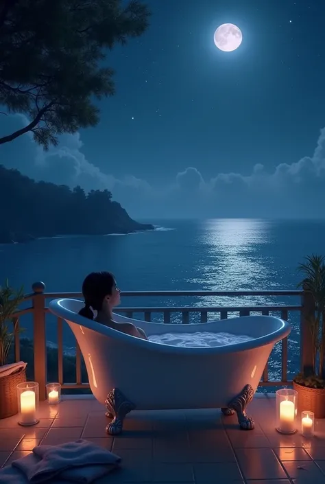 Relaxing bath tub with sea view night