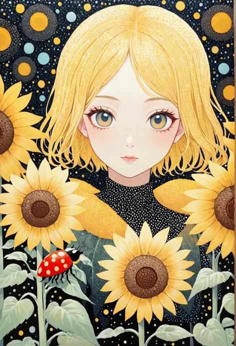 painting of a ladybug on a sunflower with dots and dots, portrait inspired by william yellowlees, pinterest, art, color: yellow ...