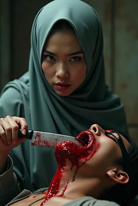 Realistic, A very beautiful Indonesia jilbab elegant graceful girl knife, cut throat A boy prisoner blindfold neck bloody splash, full body, wide open throat, throat contents, blood pooling in the mouth , holding the heart