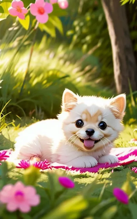 cute、A puppy playing innocently、Depicting a lovely and soothing scene、 a bit、Smile slightly