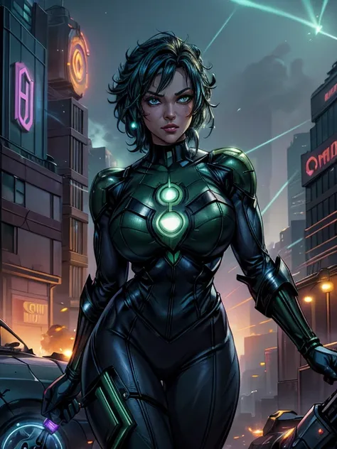 scene from the movie, woman dressed as green lantern from dc, extremely detailed, futuristic cityscape, nighttime, glowing neon ...