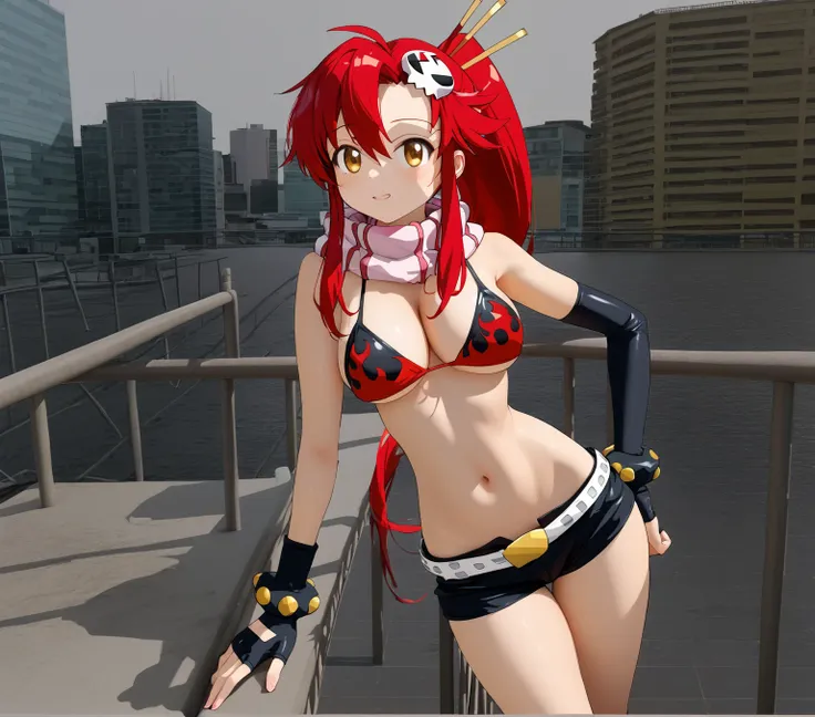 female 1、yoko littner、bikini tops、black hot pants、white belt、leaning against the railing、i&#39;m on the second floor、looking awa...