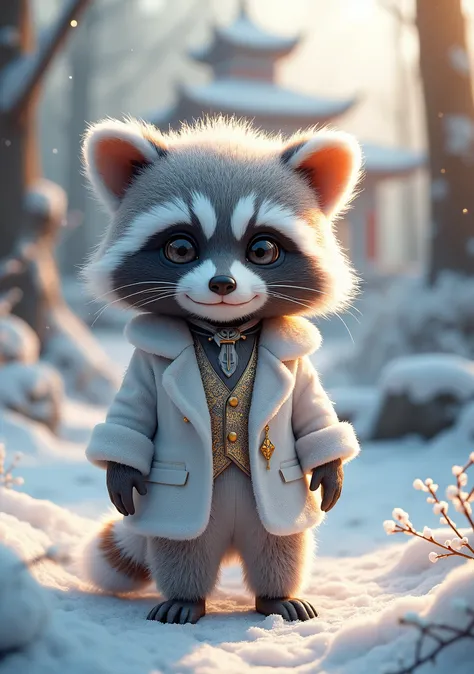 魅力的なふわふわの赤ちゃんアライグマの精霊の魅惑的な3D Rendering。, He wears an elegant suit made of snow and frost.。, A temple in a snowy forest々Standing there。. Raccoon fur coat、Decorated with an intricate snowflake pattern。, Those eyes sparkle mischievously、. The enchanted forest...