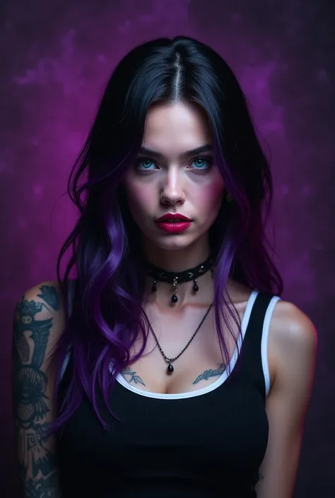 The image shows a woman with long hair in a black and purple color, red lips and blue eyes.. He has tattoos on his arms and is wearing a black and white tank top. The background is a gradient from purple to black. 8k