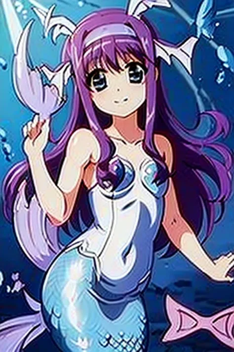 (((Mermaid, fish ears, harpoon, combat, underwater, heart accessory on chest, costume)))