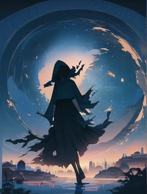 score_9, score_8_wonderful, score_7_wonderful, score_anime, masterpiece, Highest quality, Delicate illustrations, Sharp lines, Sharp focus, break, a traveling girl wandering in the endless night world, The girl is wearing a hood、There are a lot of things i...