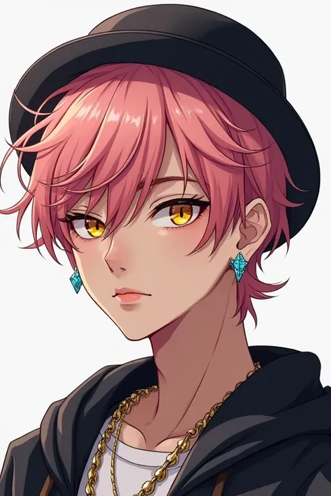 Highest quality,masterpiece,Detailed Plane Illustration,One man,short hair,Perm,Transparent pink hair,Yellow Eyes,Detailed Hair,Detailed face,Detailed eyes,Detailed mouth,Detailed nose,Detailed ears,Diamond earrings,Streetwear,Detailed clothing,Black Hat