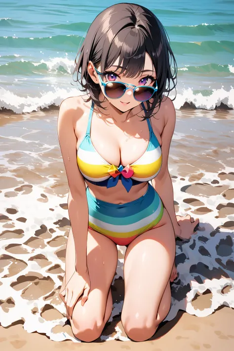 Colorful swimsuits，A pair of sunglasses，cute，Normal behavior，Kneeling on the beach，a beautiful  woman， black hair, （solo：1.2），（highest quality，extremely clear，masterpiece：1.2），full-body shot