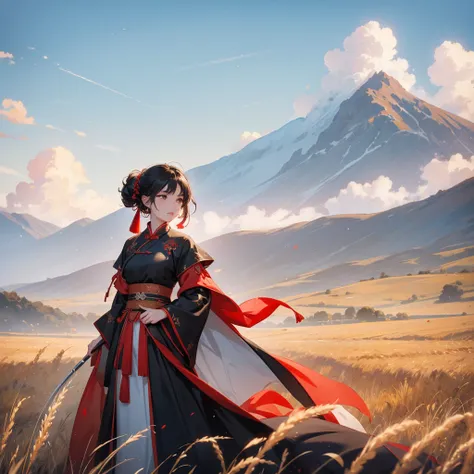 A beautiful female general holding a large spear in black-red ancient Chinese general costume, standing in the middle of a wheat field. behind which are mountains, there are low clouds floating in the blue sky.