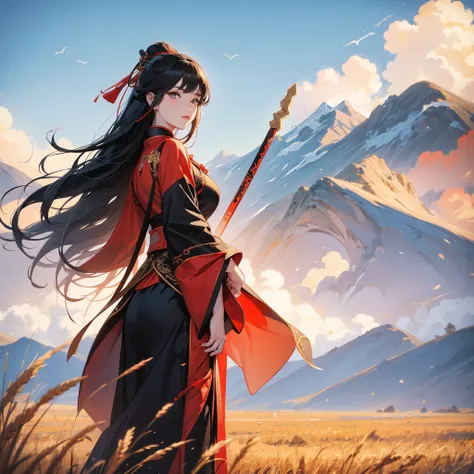 A beautiful female general holding a large spear in black-red ancient Chinese general costume, standing in the middle of a wheat field. behind which are mountains, there are low clouds floating in the blue sky.