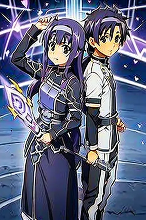 (((Sword Art Online, Kirito, jet black sword, combat, Tsukimura Suzuka, heart accessory on chest, costume, light purple hair)))