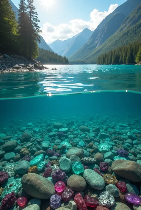 "Create a cinematic 4K image, DSLR Canon style, of a crystal-clear lake. Show the lake water with such clarity that the bottom is visible, revealing thousands of colorful gemstones, such as rubies, emeralds, sapphires, and amethysts. The scene should highl...