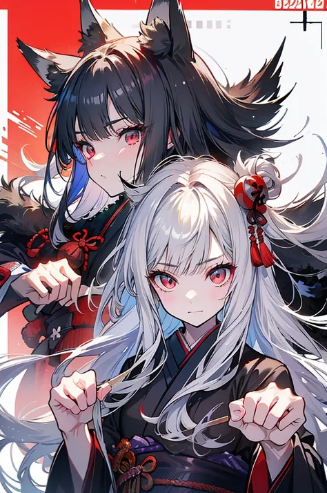 high quality, wolf ears,black kimono,gray hair,long hair, seductive red eyes,nice,japanese style,fight,martial arts,fist,fistのfi...