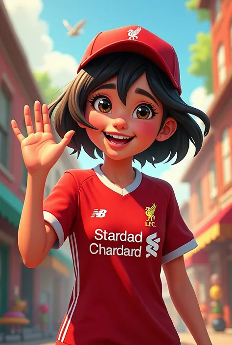 A cheerful girl with short hair, Disney style, holding up two fingers on one hand and wearing a Liverpool cap. Wearing a Liverpool football shirt standing in cartoon style illustration Detailed and colorful High quality, realistic photography dynamic poses...