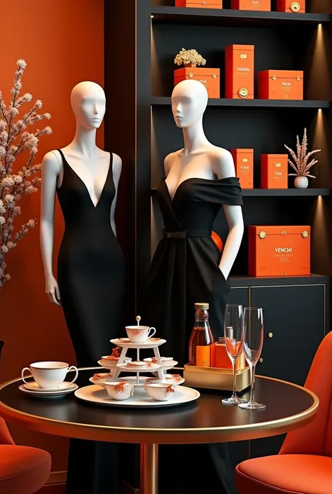 Scene Overview:

	•	The scene is set in a luxurious corner, designed to evoke elegance and sophistication.
	•	Color Theme: The primary colors are black, white, gold, and pops of vibrant orange.

Background:

	•	L shaped Bookshelves: Black bookshelves fille...