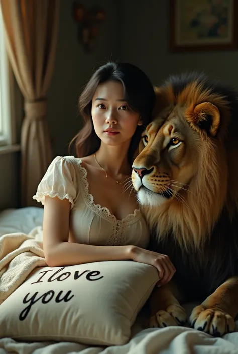 A Japanese woman wearing a lace T-shirt sitting on the bed, Holding a big pillow，It says "I love you" It says, She has a plump figure, But not naked，Looking at the audience, full-body shot, A lion sitting next to him，Movie Lighting, glow,