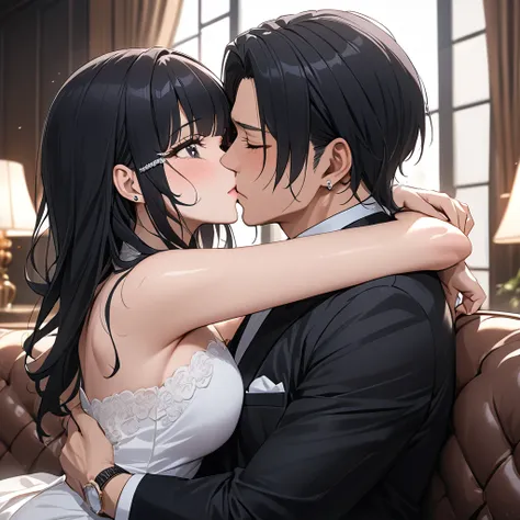 ((Highest quality)), ((masterpiece)), (detailed), （Perfect Face）、The woman is Reika Aoki, the wife of a Chinese mafia boss, with medium-long black hair and an engagement ring.、On a luxurious sofa in a luxurious room, a woman is being held close and kissed ...