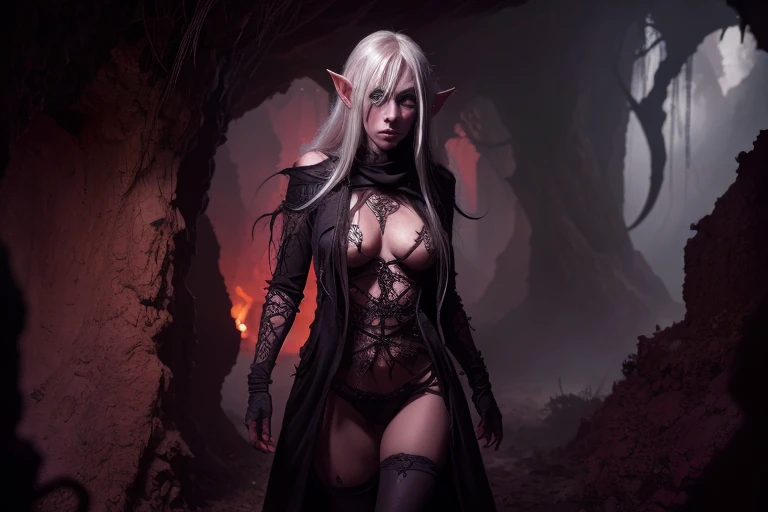 candya creepy drow elf,yuna,spider like features,wandering through a deep dark cave,demon twisted,evil,dark fantasy,horror,gothic,cinematic lighting,dramatic shadows,glowing eyes,tattered clothing,intricate details,high resolution,masterpiece
