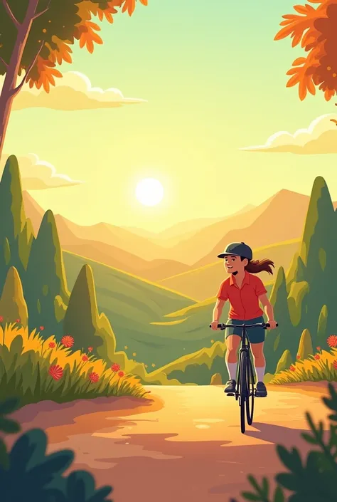 Make a banner for cycle rental website in animated form with warm and beautiful colour in artistic impressions in horizontal for in 3rd person without and a little realistic 