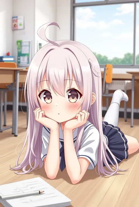 anime girl in school uniform lying on her stomach on floor