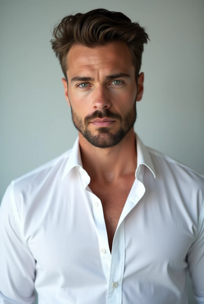 a handsome man with blue eyes, tall, stylish, with Beard, wearing white shirt 
