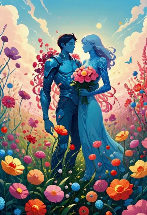 Two hands holding flowers in the field, Juster Battle, Cyril Rolando (Cyril Rolando) of inspiration, Laurie Greesley and James Jean, Cyril Rolandor style, Humanoid creature covered with flowers, beeple 和 james jean, Cyril Rolando 和 M. Vacaruta, Cyril Rolan...