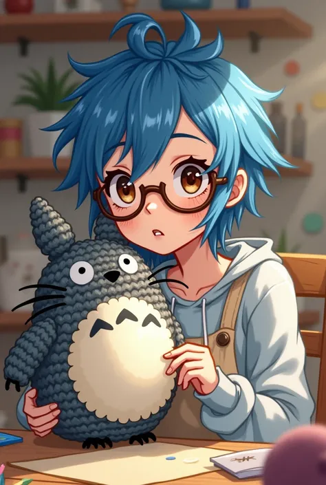 young woman with blue hair and brown eyes wearing glasses making a gray totoro crochet amigurumi cartoon drawing