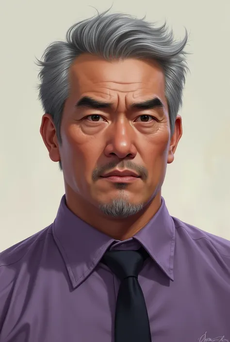 make a semi-realistic 2D art of a mature Asian man His hair is short, slightly disheveled and gray. The haircut is classic and well-groomed. He has a scar on his right cheek that starts at the end of his lip and ends at the end of his cheek. He is strong a...