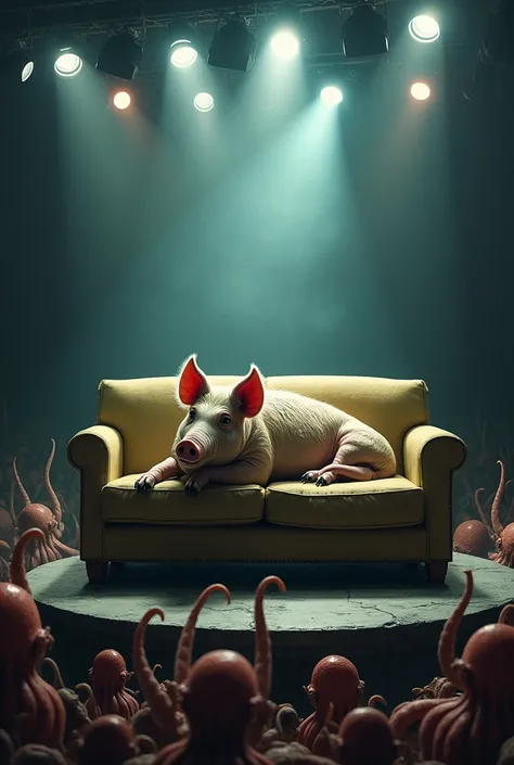 thick, dirty pig lies on a round stage on an old sofa,  spotlights and floodlights, illuminate. Below, around the stage, a crowd of squids stand looking up at the pig., listen, Realism, drawing details professional photo,  In detail