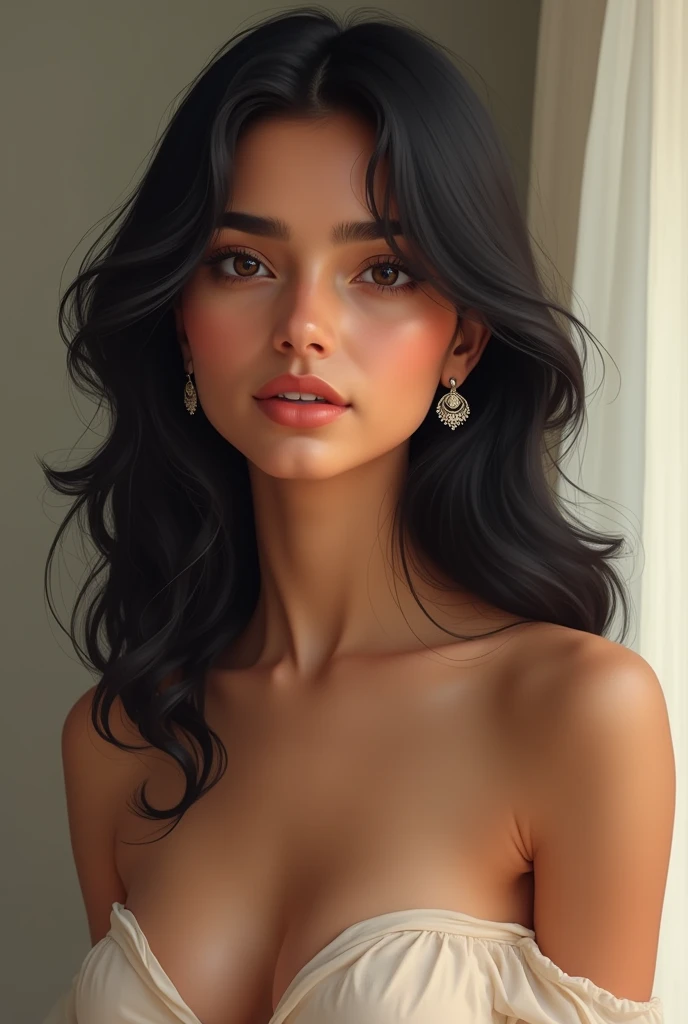 A 24 year beautiful Indian woman, whose skin tone is white, fairly skinned, hour glassed shaped body, natural chest and breasts, with black coloured hair, layered cutted hair, oval shaped face, almond eyes, upper eyelids, button nose, Heart shaped lips, sh...