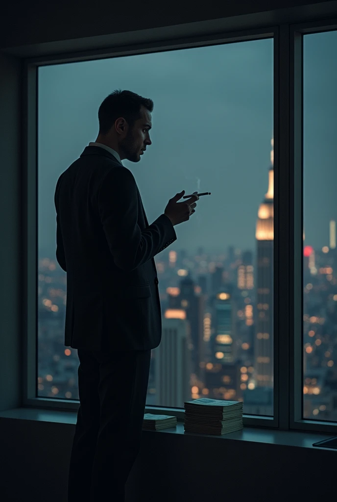 The man standing and looking at the city lights from the window and having cigarette in his hands. Besides him the 1000 bundles of money .