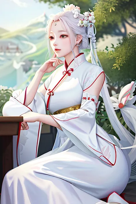 A woman in a white dress is sitting on the floor，White Hanfu，palace，Girl wearing Hanfu，Hanfu，Dressed in ancient Chinese costumes，Gurwitz，Ethereal Beauty，Guttweiz-style artwork，Beautiful fantasy queen，Chinese traditional clothing，Chinese clothing，Chinese tr...