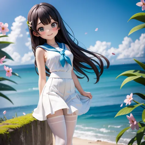 wallpaper, Clear Face, (masterpiece),  town,  blue sky,  一people々Girl, people々々Guide in the right direction,  smile,  一people々in,  Sailor suit、Long skirt,  Overgrown,  petal,  plant、Skirt lining、White slip、nostalgic、pantyhose、You can see the sea in the dis...