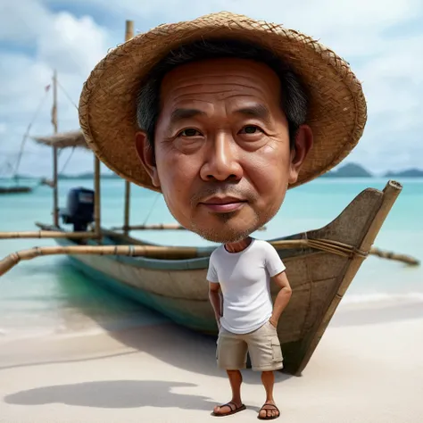 Realistic 4D caricature photo, big head, a middle-aged man with an Indonesian face, 50 years old,,clean face, round face,body is a bit chubby,wearing a farmers hat made of woven bamboo,,wearing a white t-shirt, shorts, flip-flops, standing pose while leani...