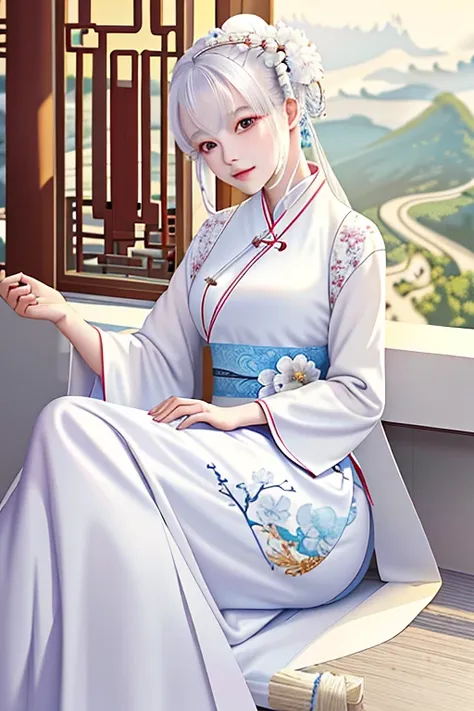 A woman in a white dress is sitting on the floor，White Hanfu，palace，Girl wearing Hanfu，Hanfu，Dressed in ancient Chinese costumes，Gurwitz，Ethereal Beauty，Guttweiz-style artwork，Beautiful fantasy queen，Chinese traditional clothing，Chinese clothing，Chinese tr...