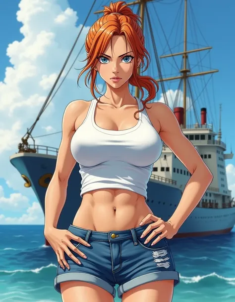 1girl, art by Eiichirio Oda, nami, wearing a tank top(tight fitting, white colour), denim short pant, ponytail, late middle age, looking at the viewer, ship on the background