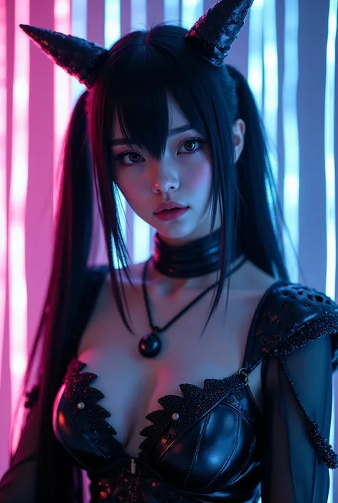 A (((cosplayer girl))) embodying the essence of the night, with a pale complexion and black hair styled in (((pigtailss))), (((wearing a fantastical Jepara-inspired humanoid snake Dragon cyborg outfit))), illuminated by LED-lit strands in a club-like backd...